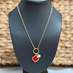 Gold dipped Cz and Red Clover Pendant Necklace